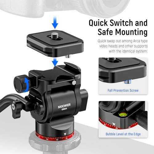 NEEWER Tripod Fluid Head Pan Tilt Head with Quick Release Plate and Handle, Metal Camera Tripod Head Compatible with Arca Swiss for Compact Video Cameras DSLR Cameras, Load up to 6.6lb/3kg, GM24