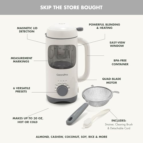 GreenPan Nut Milk Maker, 15-in-1 Homemade Soy, Almond, Oat, Coconut, Non-Dairy, Rice, Soup, Baby Food, BPA-Free, Smooth Creamy Texture, Self Clean, Barista Quality Milk, Delay Start, Boil Water, Cream