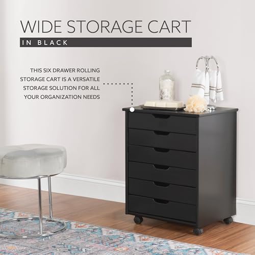 Linon Corinne Black Six Drawer Wide Rolling Storage Cart