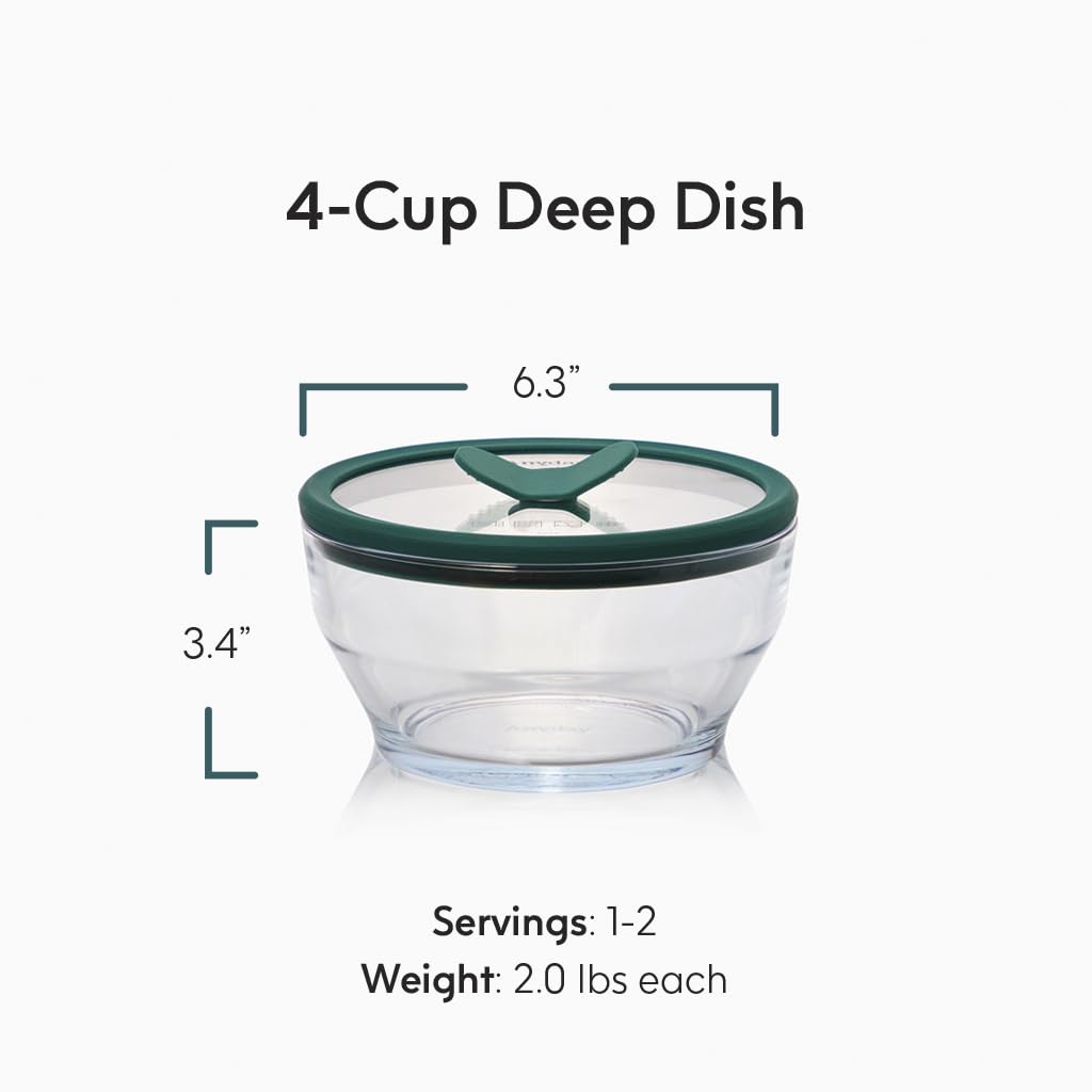 Anyday 4-Cup Glass Food Storage with Glass Lid, Round Deep Dish | Plastic-Free Meal Prep & Microwave Cookware | Stackable Airtight Storage Container with Vented Lid for Microwave-Safe Reheating