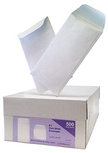 #7 Coin White Envelope for Small Parts, Cash, Jewelry Etc., from NextDayLabels, 500 Per Box (Reg. Gum)