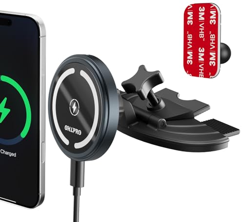 OHLPRO for 15W MagSafe Car Mount Charger for iPhone 16, Fast Wireless Charging, Magnetic CD Slot Holder with 3M Adhesive Base for Dashboard, Aluminum Shell, Compatible with iPhone 16/15/14/13 Pro Max