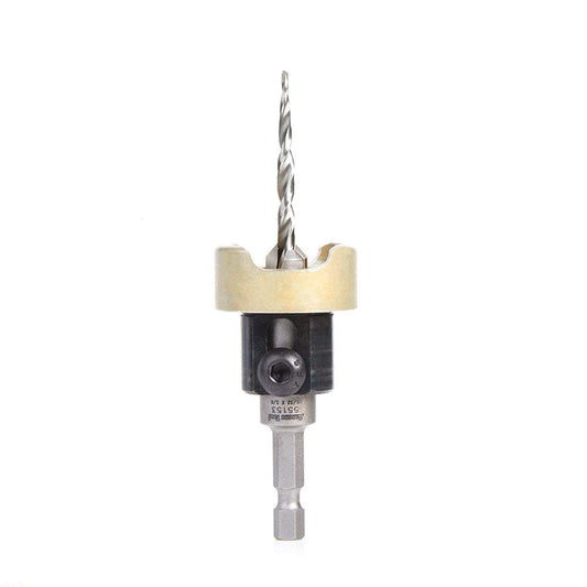 Amana Tool 55153 Carbide Tipped 82 Degree Countersink with Tapered Drill and Adjustable Depth Stop with No-Thrust BB 3/8 D x 5/32 Drill D x 1/4 Inch Quick Release Hex SHK