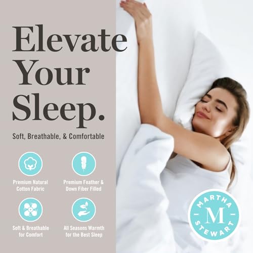 Martha Stewart Goose Feather Down Fiber Cotton Comforter Queen Size, Feather Duvet Insert Queen, Hotel Collection Hypoallergenic Comforter 80oz Extra Warmth 90 x 90 Inch White