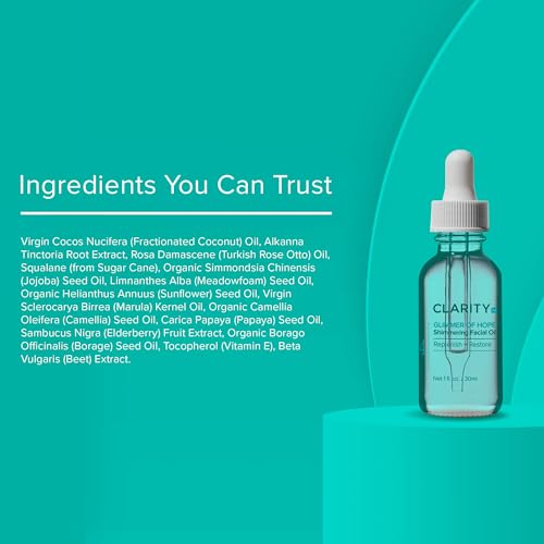ClarityRx Glimmer of Hope Shimmering Restorative Face Oil, Natural Plant-Based Moisturizing Facial Treatment with Coconut, Rose & Jojoba for Dry & Aging Skin (1 fl oz)