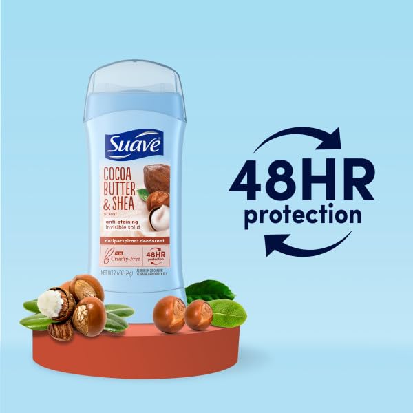 Suave Deodorant Women, Antiperspirant, Cocoa Shea Butter, 48-Hour Odor & Wetness Protection, with Essential Oils, anti-staining, no baking soda 2.6 oz (Pack of 12)