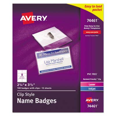 Averyamp;reg; - Badge Holders w/Laser/Inkjet Inserts, Top Load, 2 1/4 x 3 1/2, White, 100/Box - Sold As 1 Box - Holders are Made of Soft, PVC-Free Plastic.