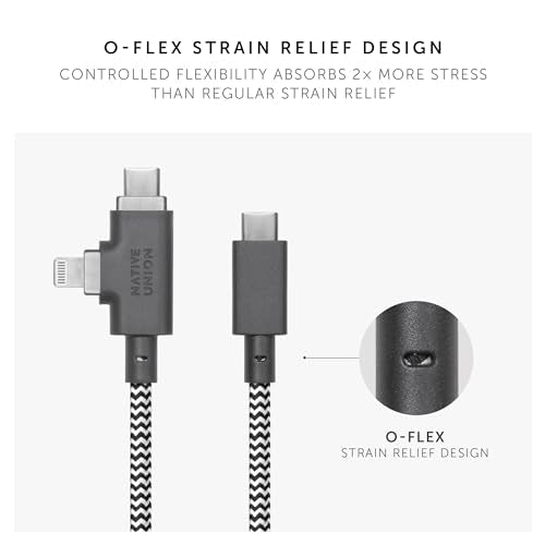 Native Union Belt Cable Duo Pro 240W – 8ft Ultra-Strong Braided Universal Charging Cable – Made with Recycled Materials – 2-in-1 MFi Certified Connectors for Lightning & Type-C Devices (Zebra)
