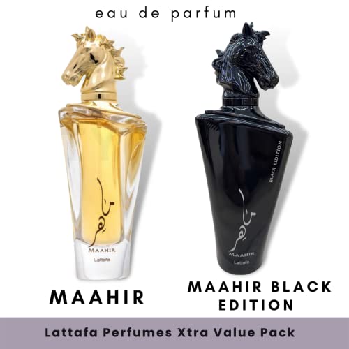 Lattafa Maahir 2-Piece Set for Unisex, (3.4 Oz Maahir Eau De Parfum Spray + 3.4 Oz Maahir Black Edition Eau De Parfum Spray)