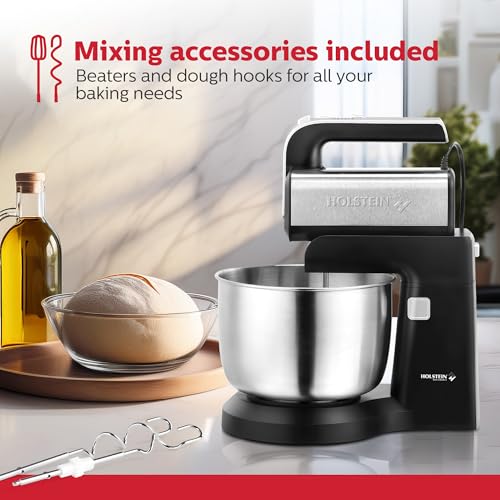 Holstein Housewares 5-Speed Hand and Stand Mixer, 250W Power with LED Light, Black and Stainless Steel – Versatile Mixer for Baking, Whipping, and More