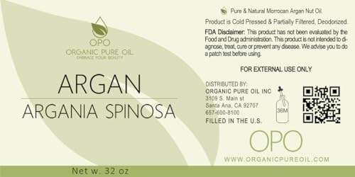 OPO Deodorized Argan Oil - 32 oz - Pure Morocco Partially Filtered Unscented Non GMO Vegan Bulk Carrier Oil Skin Hair Face Body Hydrating Nourishing Soothing DIY Soap Cream Packaging May Vary