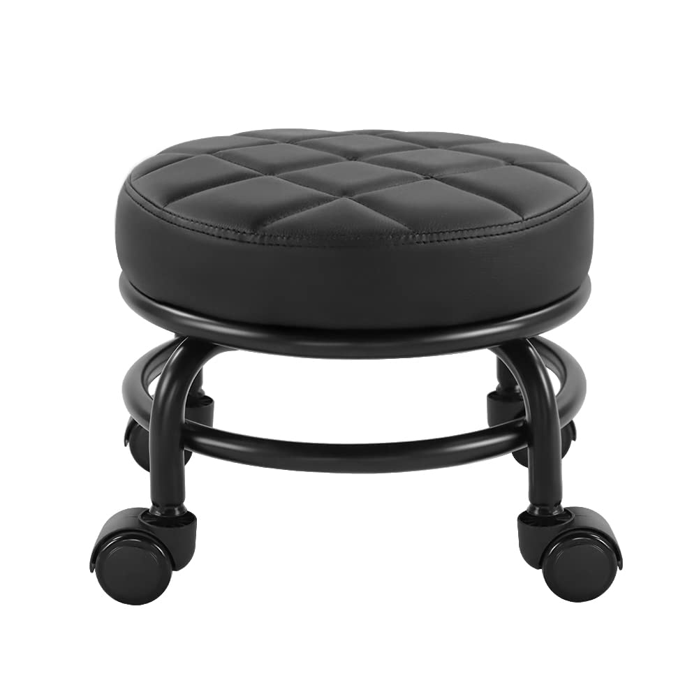 FURWOO Low Roller Seat PU Leather Rolling Stool with Wheels for Manicure, Mechanic,Home Office, Garage Shop Black