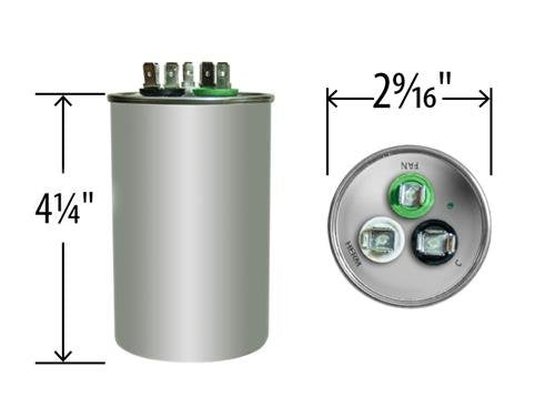 50 + 5 uf/Mfd Round Dual Universal Capacitor • AmRad USA2237 - Used for 370 or 440 VAC, Made in The U.S.A.