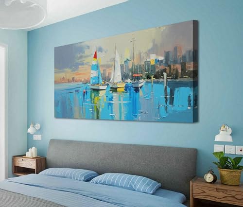Anolyfi Abstract Sailboat Canvas Wall Art Sunset Landscape Picture Coastal Cityscape Panoramic Painting Textured Artwork Large Framed for Living Room Bedroom Bathroom Kitchen Office Home Decor 40"x20"
