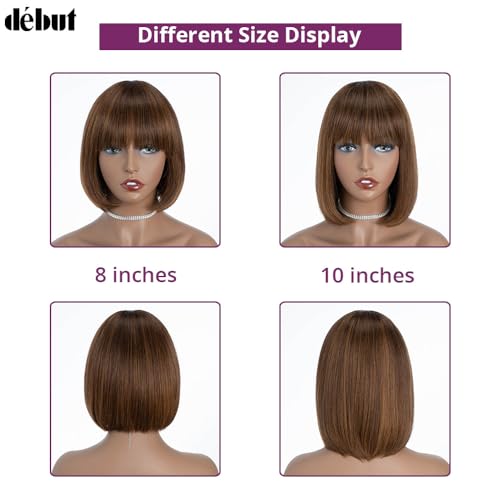 DÉBUT Short Bob Wigs with Bangs Human Hair Ombre Brown Glueless Non Lace Front Wigs Brazilian Virgin Remy Hair 10 Inches
