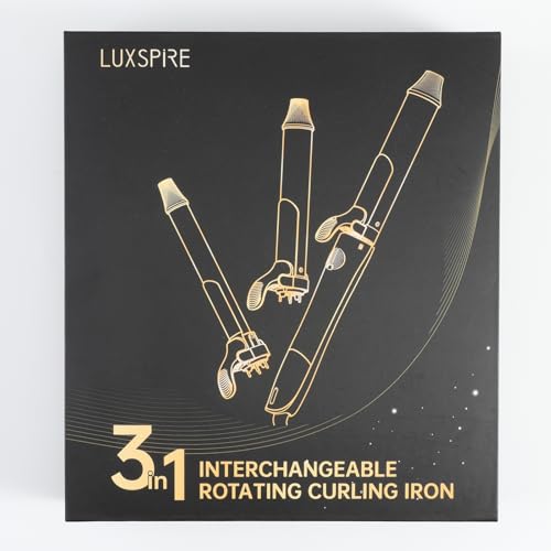 Rotating Curling Iron, 3 in 1 Automatic Curling Iron Set with Interchangeable Barrel 3/4, 1, 1 1/4 Inch, Instant Heat Dual Voltage Curling Wand for Lasting Beach Waves, Gold