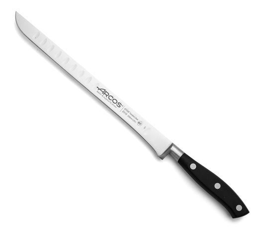 Arcos Knife/Ham Knife 10 Inch Nitrum Stainless Steel and 250 mm blade. Used for or carving various types of food with precision and ease. Series Riviera. Color Black