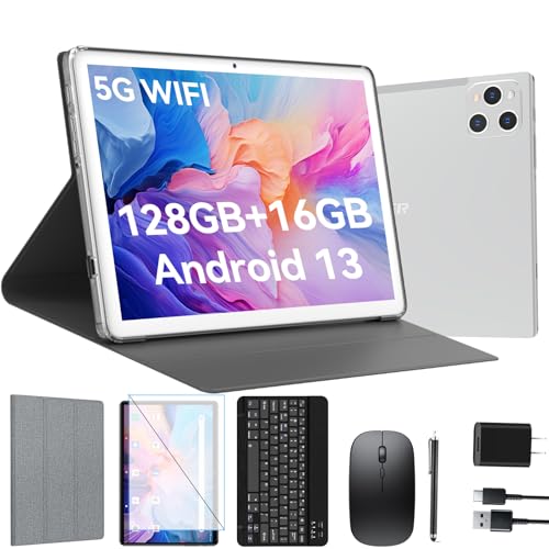 ANTEMPER Android Tablet 10 Inch, 2025 Android 13 Tablets, 128GB Storage+16GB RAM (8+8Virtual), Octa-Core Processor, 5G WiFi Tablet, with Keyboard Mouse Case, 13MP+8MP Camera (Silver)