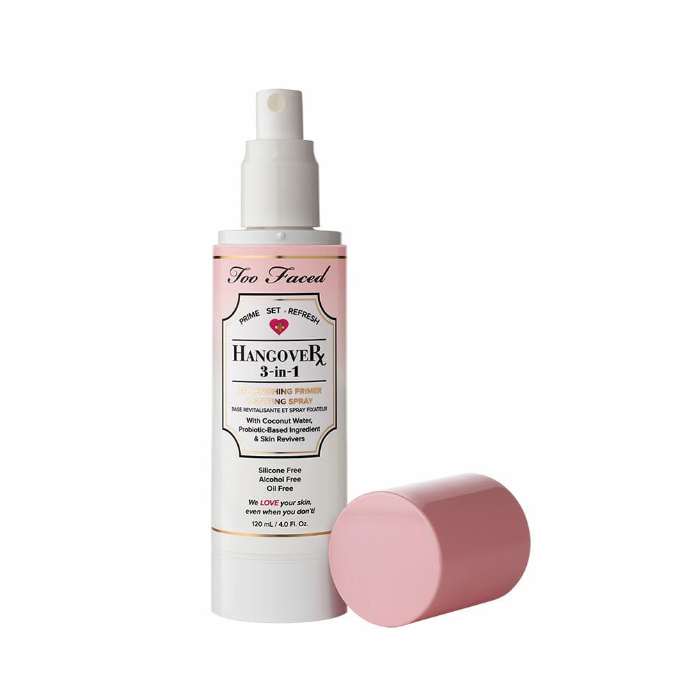 Too Faced Hangover 3-in-1 Primer & Setting Spray | Long Lasting + Hydrating, 4 Fl Oz, Clear