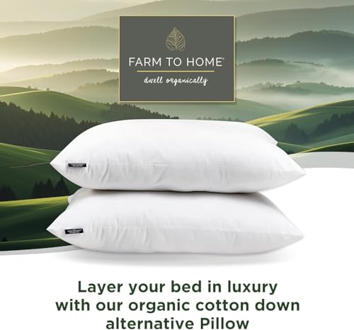 Farm To Home Organic Pillows King Size Set of 2, 100% Organic Cotton Cover, Down Alternative Hotel Quality Soft Bed Pillow for Back & Side Sleepers, Machine Washable, 20"x36", White
