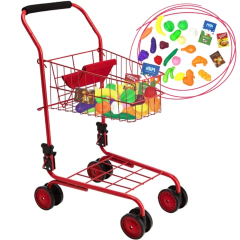 The New York Doll Collection Toy Shopping Cart for Kids and Toddler - Includes Food - Folds for Easy Storage - with Sturdy Metal Frame (Red)