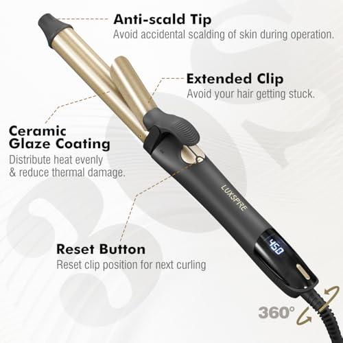 Rotating Curling Iron, 3 in 1 Automatic Curling Iron Set with Interchangeable Barrel 3/4, 1, 1 1/4 Inch, Instant Heat Dual Voltage Curling Wand for Lasting Beach Waves, Gold