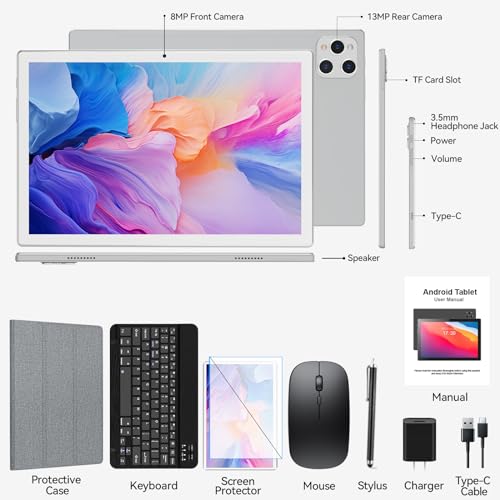 ANTEMPER Android Tablet 10 Inch, 2025 Android 13 Tablets, 128GB Storage+16GB RAM (8+8Virtual), Octa-Core Processor, 5G WiFi Tablet, with Keyboard Mouse Case, 13MP+8MP Camera (Silver)
