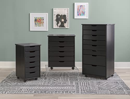 Linon Corinne Black Six Drawer Wide Rolling Storage Cart