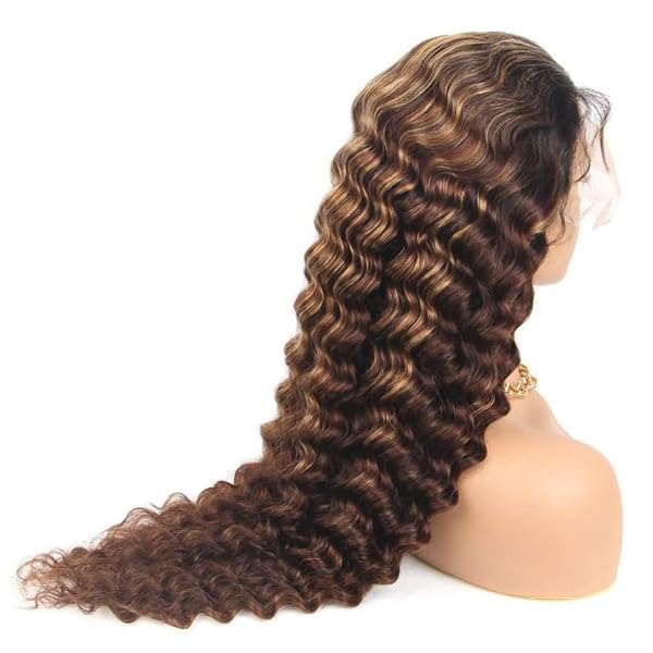 NKTU 4/27 Deep Wave Lace Front Wigs Human Hair Honey Blonde Highlight Ombre Wigs Human Hair for Women 13x4 HD Transparent Lace Frontal Wigs Pre Plucked with Baby Hair 200 Density 26 Inch