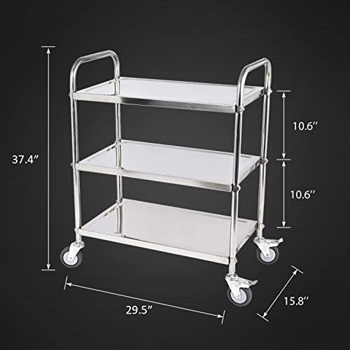Amarite 3 Shelf Stainless Steel Cart, 420 lbs, 1MM Thick, Serving With Wheels, Household Service Trolley, 360 Rotation Storage Shelf With Locking Wheels (29.5*15.8*37.4)'' Utility