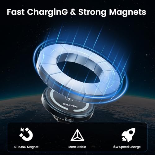 OHLPRO for 15W MagSafe Car Mount Charger for iPhone 16, Fast Wireless Charging, Magnetic CD Slot Holder with 3M Adhesive Base for Dashboard, Aluminum Shell, Compatible with iPhone 16/15/14/13 Pro Max