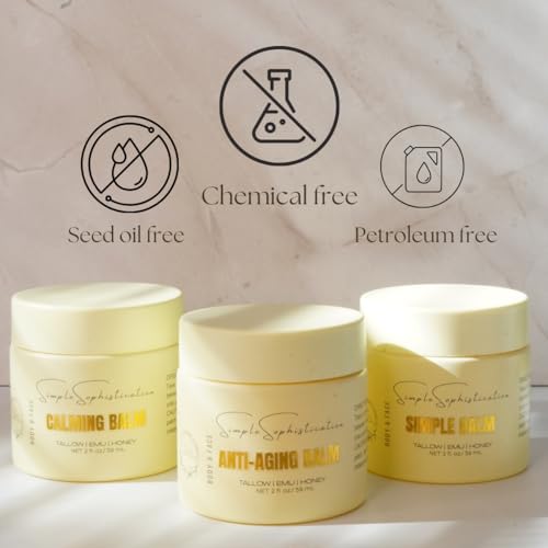 Tallow | Emu | Honey Balms - Gentle, Natural with Vitamin C, CoQ10, Resveratrol, Antioxidants, Intense Nutrition for Healthy, Clear, Calm, Younger Face and Skin- Anti-Aging Balm - Made In USA