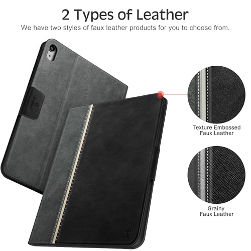 KingBlanc Case for iPad 10th Generation (2022,10.9-inch) with Built-in Pencil Holder, Vegan Leather Protective Smart Stand Cover, Auto Sleep Wake, Multiple Angles for Viewing/Typing, Black × Gray