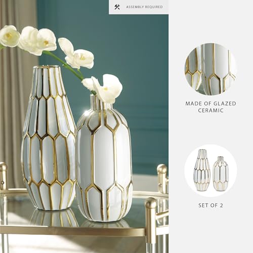 Signature Design by Ashley Mohsen Honeycomb Ceramic 2 Piece Bottle Neck Vase Set, White & Gold