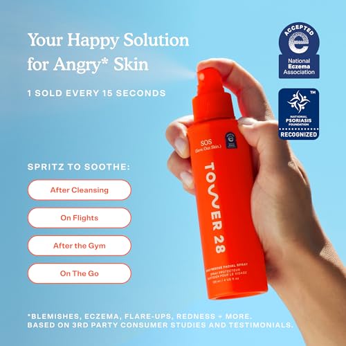 Tower 28 SOS Daily Rescue Facial Spray for Sensitive Skin, Hypochlorous Acid Spray Helps Reduce Redness and Breakouts, Full Size Toner for Face, 4 FL Oz