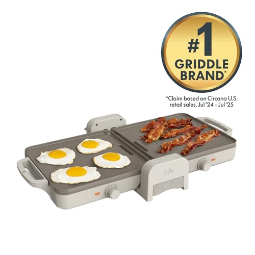 Bella 10"x 20" Ceramic Fold-n-Store Dual Temp Griddle, Fits-anywhere Kitchenware, EverGood Ceramic Nonstick Coating, 2 Temperature Zones up to 400°F, Dishwasher Safe Drip Tray, 1500 Watt, Oatmilk