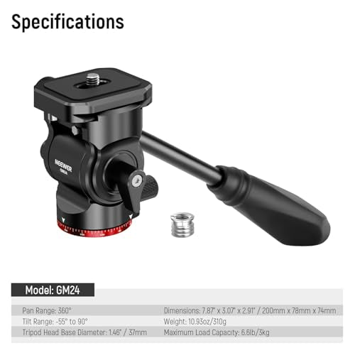 NEEWER Tripod Fluid Head Pan Tilt Head with Quick Release Plate and Handle, Metal Camera Tripod Head Compatible with Arca Swiss for Compact Video Cameras DSLR Cameras, Load up to 6.6lb/3kg, GM24