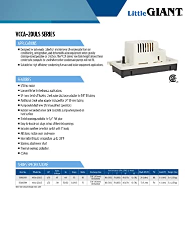 Little Giant VCCA-20ULS 115-Volt, 60 Hz, 1/30 HP, 80 GPH Low-Profile Automatic Condensate Removal Pump with Safety Switch, White/Black, 554201101