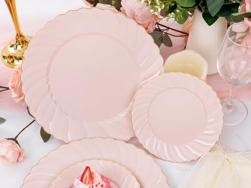 YOUBET 125Pieces Pink Plastic Plates with Gold Rim-Gold Plastic Silverware Include 25 Dinner Plates 25 Dessert Plates 75 Gold Silverwares for Wedding Birthday & Parties