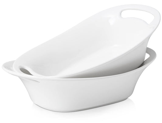 DOWAN Large Serving Bowls with Handles, 2 Quarts Oval Serving Platter for Turkey, Fruit Salad Serving Dishes for Entertaining, Porcelain Pasta Bowls for Mother's Day, Parties, Set of 2, White