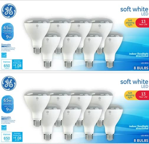 GE LED 9-Watt, 650 Lumens, (65W Equivalent) Soft White, BR30 Indoor Floodlight Bulbs, E26 Medium Base, 13-Year Life, 16pk