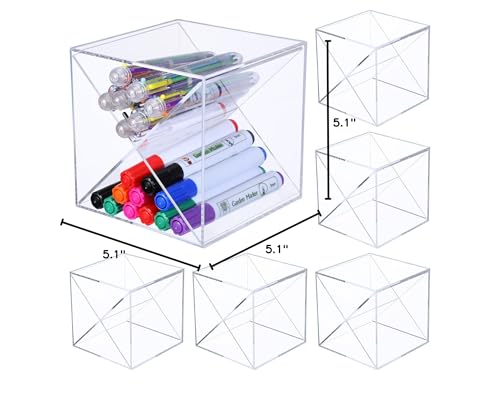 Kosiz 6 Pcs 5.12 Inch Stackable Divided Pen Holder Marker Pen Clear Holder for Desk Stackable Cube Organizer Removable Cross Divider Organizer Acrylic Pen Holder Craft Desk Organizer Holder