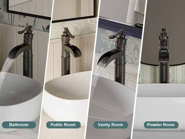 BWE Waterfall Spout Oil Rubbed Bronze Bathroom Faucet Single Handle One Hole Vessel Sink Faucet ORB Lavatory Faucets Deck Mount Tall Body Commercial