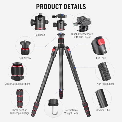 NEEWER 66"/168cm Carbon Fiber Tripod for Camera with 360° Panorama Ball Head, 1/4" Arca QR Plate, Portable Bag, Compact Travel Tripod Monopod for DSLR Video Camcorder, Max Load 26.5lb/12kg, N55C
