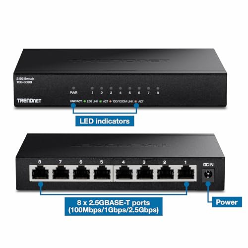 TRENDnet 8-Port Unmanaged 2.5G Gaming Switch, 8 x 2.5GBASE-T Ports, 40Gbps Switching Capacity, Backwards Compatible with 1000Mbps Devices, Fanless, Wall Mountable, Lifetime Protection, Black, TEG-S380