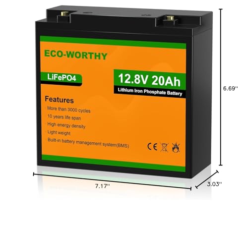 ECO-WORTHY 12V 20Ah LiFePO4 Lithium Battery, 4000+ Deep Cycle Rechargeable Battery with BMS for Trolling Motor, Mobility Scooter, Fish finder, Kids Scooters, Power Wheels, Outdoor Camping