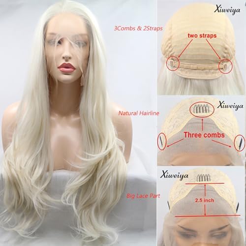 Xiweiya Blonde Lace Front Wig Long Body Wavy White Blonde Synthetic 13x4 Lace Front Wig 60# Platinum Blonde Half Hand Tied Heat Resistant Hair 180% Density Hair Replacement for Women Drag Queen 24inch