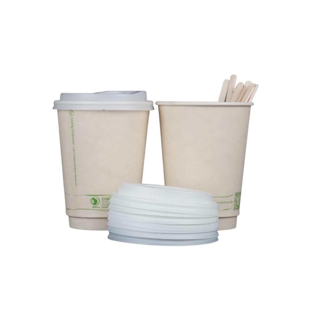 Certified Compostable Coffee Cups by Living Balance | 12oz - 100 cups with Compostable Lids, Stirrers, and Integrated Sleeves