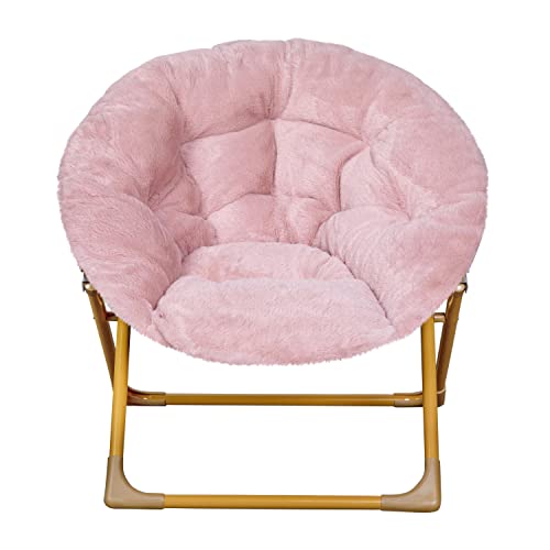 Flash Furniture Gwen Kids Cozy Mini Folding Saucer Chair - Blush Faux Fur Moon Chair - Soft Gold Metal Frame - 23" Portable Folding Chair For Living Room or Bedroom