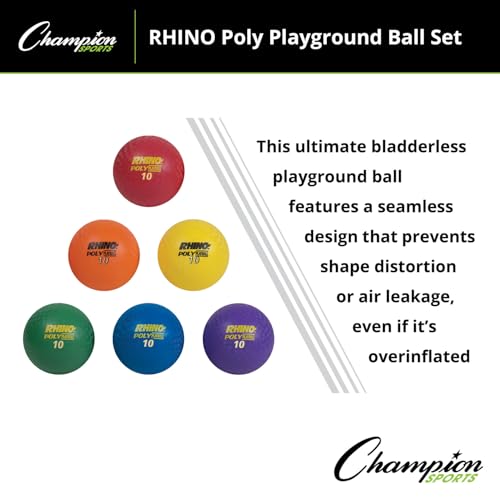 Champion Sports PX10SET Rhino Playground Ball Set, 10" Diameter, Rubber, Assorted, 6 Balls/Set (CSIPX10SET)